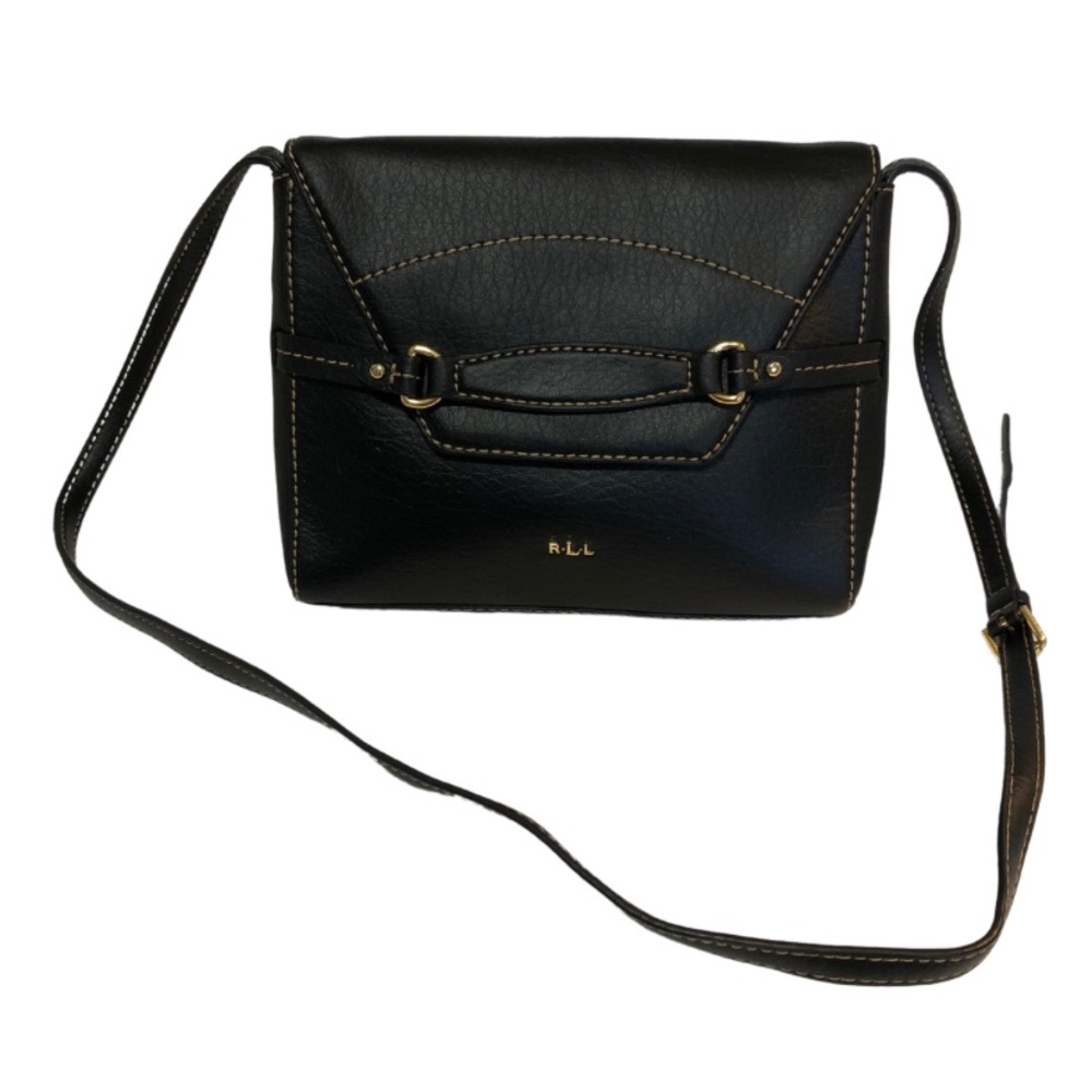 LAUREN By Ralph Lauren Black Leather Contrast Stitched Flapped Mini bag